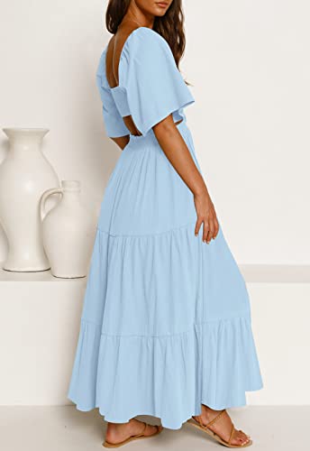 PRODUCTO 625-3 LEANI Vestido largo de verano con abertura y manga corta para mujer, cuello cuadrado, fluido, acampanado, con bolsillos, azul claro