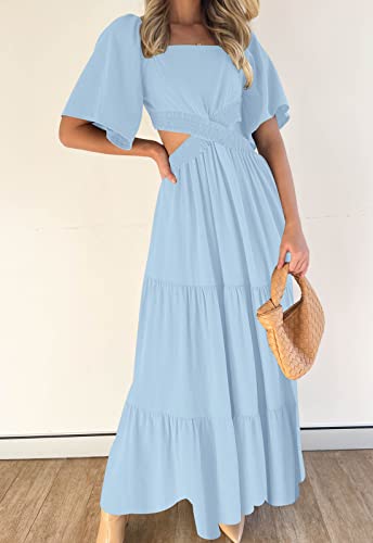 PRODUCTO 625-3 LEANI Vestido largo de verano con abertura y manga corta para mujer, cuello cuadrado, fluido, acampanado, con bolsillos, azul claro