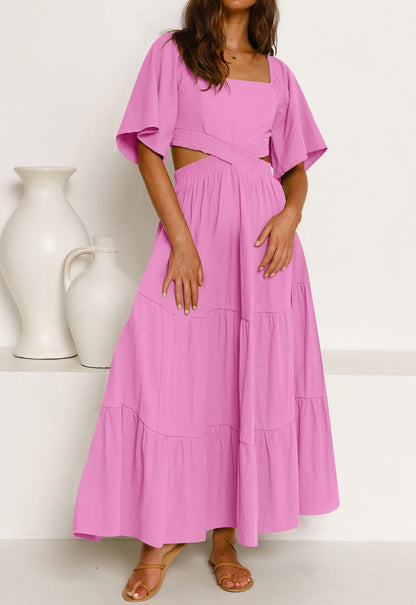 PRODUCTO 625 LEANI Vestido largo de verano de manga corta para mujer, sexy, con cintura recortada, vestidos largos de fiesta de boda, color rosa