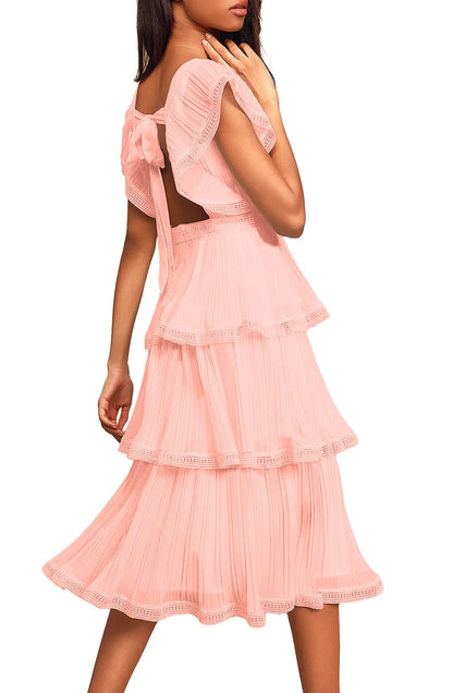 PRODUCTO 625-5 ETCYY Vestido de verano con volantes para mujer Vestido midi de fiesta de gasa con estampado floral bohemio de manga corta con niveles de encaje D Rosa