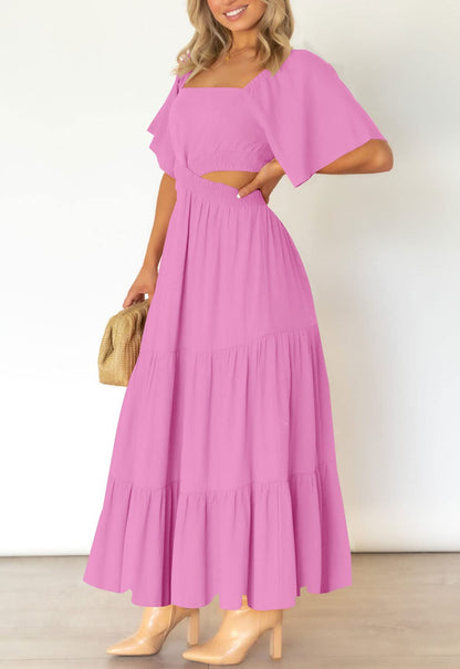 PRODUCTO 625 LEANI Vestido largo de verano de manga corta para mujer, sexy, con cintura recortada, vestidos largos de fiesta de boda, color rosa