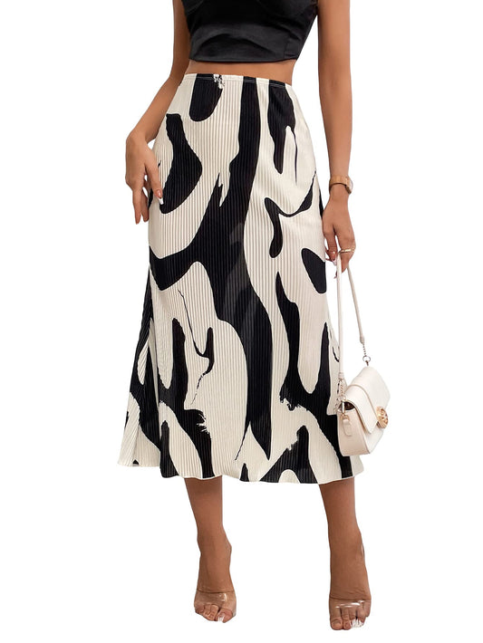 PRODUCTO 706-4 Verdusa Falda larga plisada de cintura alta con estampado gráfico de mujer Negro Blanco S