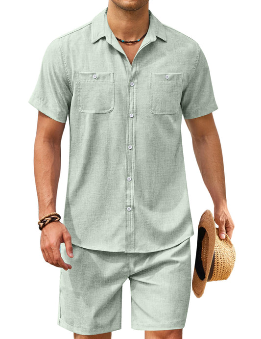 PRODUCTO 642 COOFANDY Conjuntos de lino para hombre, camisa y pantalones cortos de playa, traje de vacaciones con botones