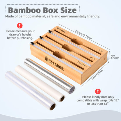 PRODUCTO 679-1 Organizador de envolturas de bambú 3 en 1 con cortador para papel de aluminio, papel encerado y film transparente. Organizador de envoltorios de plástico, dispensador de envoltorios 3 en 1 con cortador para rollo de 12"