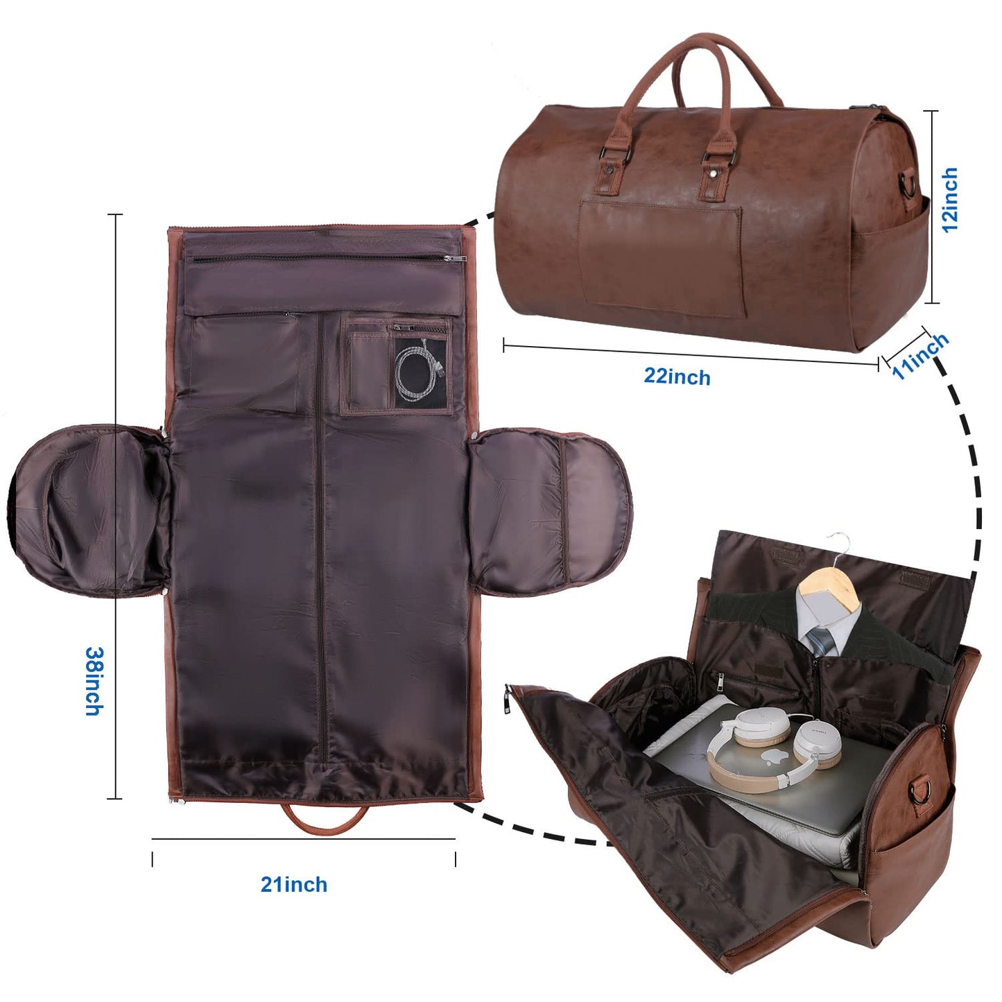 PRODUCTO 649-1 Portatrajes de mano, portatrajes impermeable para hombre para viajes de negocios, bolso de lona grande de cuero con compartimento para zapatos -Marrón