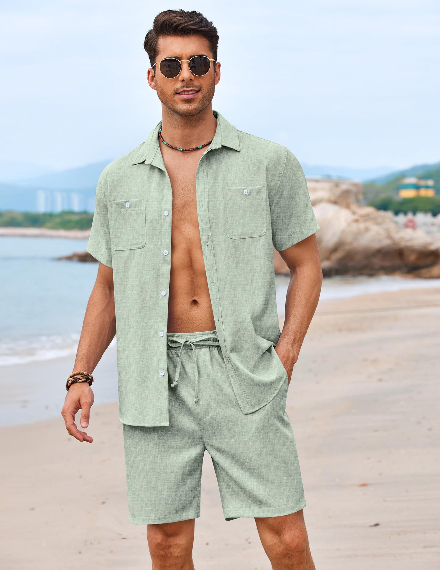 PRODUCTO 642 COOFANDY Conjuntos de lino para hombre, camisa y pantalones cortos de playa, traje de vacaciones con botones