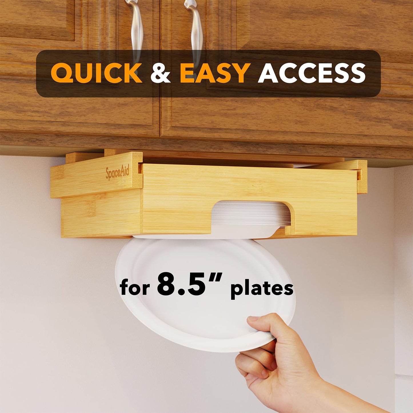 PRODUCTO 648-6 Dispensador de platos de papel SpaceAid de 8,5 pulgadas, soporte para platos de bambú debajo del gabinete, soportes para dispensadores de platos verticales para mostrador de cocina, carrito para encimera (para platos de 8,5 pulgadas, bambú)