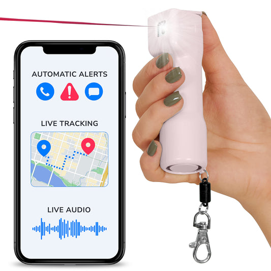 PRODUCTO 651 Plegium Smart Red UV Dye Autodefensa Spray GPS gratuito Textos de emergencia Seguimiento en vivo - Identificador criminal, llavero sin spray de pimienta para mujeres y hombres, Bluetooth, sirena perforadora, luz estroboscópica LED, rosa