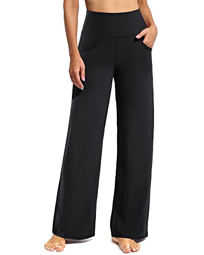 PRODUCTO 539 Promover Petite Pantalones negros de pierna ancha para mujer, pantalones de yoga elásticos con bolsillos, pantalones de trabajo de cintura alta (negro, XS, 28 pulgadas)