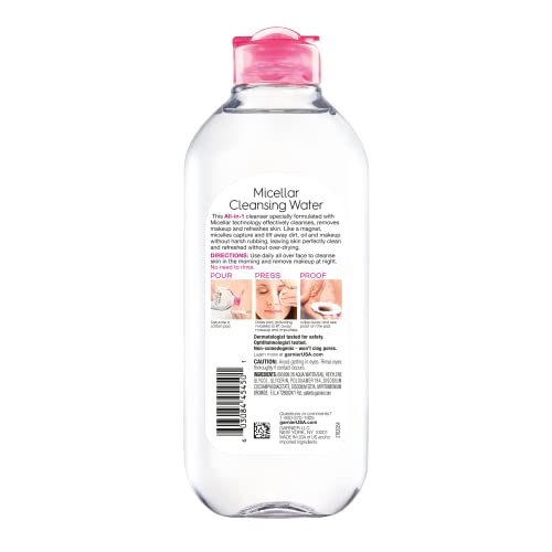 Garnier SkinActive agua micelar para todo tipo de piel, limpiador facial y desmaquillante, 13,5 onzas líquidas (400 ml), 1 unidad (el embalaje puede variar)