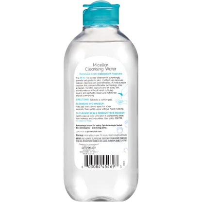 Garnier SkinActive agua micelar para maquillaje resistente al agua, limpiador facial y desmaquillante, 13,5 onzas líquidas (400 ml), 1 unidad (el embalaje puede variar)