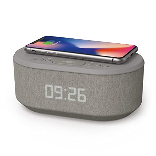 i-box Bedside Radio Alarm Clock with USB Charger, Bluetooth Speaker, QI Wireless Charging, Dual Alarm Dimmable LED Display (Grey)