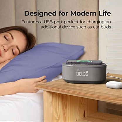 i-box Bedside Radio Alarm Clock with USB Charger, Bluetooth Speaker, QI Wireless Charging, Dual Alarm Dimmable LED Display (Grey)