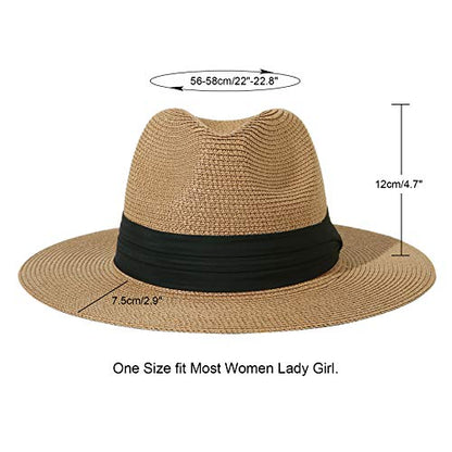 Lanzom Sombrero enrollable Panamá de paja de ala ancha para mujer Fedora Beach Sun Hat UPF50+ (Cinturón cuadrado A marrón)