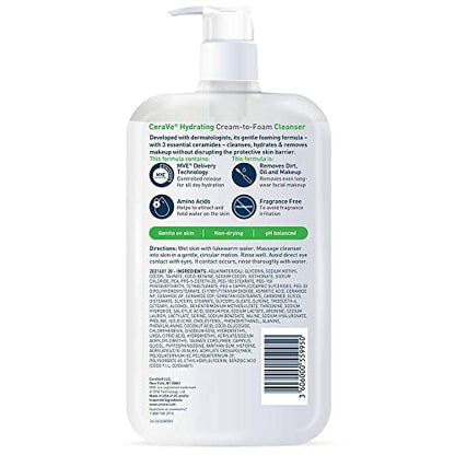 Limpiador hidratante de crema a espuma CeraVe | Desmaquillante hidratante y lavado facial con ácido hialurónico | Sin fragancia, no comedogénico | 19 onzas líquidas