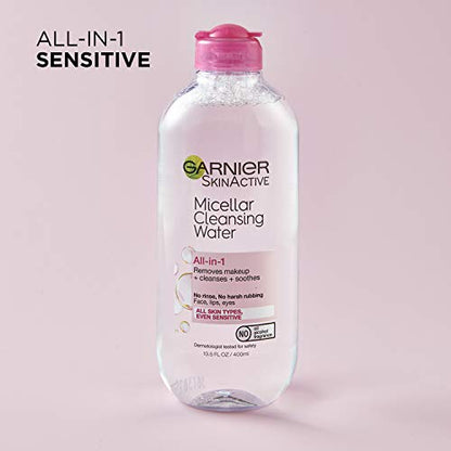 Garnier SkinActive agua micelar para todo tipo de piel, limpiador facial y desmaquillante, 13,5 onzas líquidas (400 ml), 1 unidad (el embalaje puede variar)