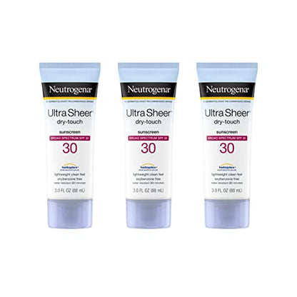 Neutrogena Ultra Sheer Dry-Touch Sunscreen Lotion, Broad Spectrum SPF 30 UVA/UVB Protection, Oxybenzone-Free, Water Resistant, Non-Comedogenic, Non-Greasy, Travel Size, 3 Fl Oz, Pack of 3