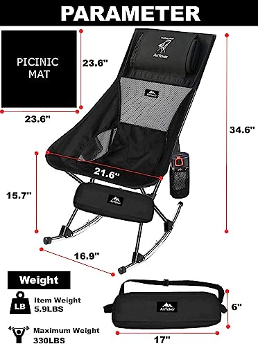 AnYoker Silla de camping, silla compacta con respaldo alto, silla plegable portátil, silla de playa con bolsillo lateral y reposacabezas, silla de senderismo ligera 0044 (oscuro)
