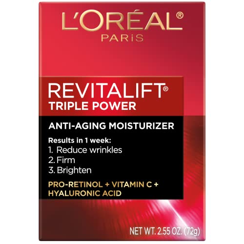 L'Oreal Paris Revitalift Triple Power Hidratante facial antienvejecimiento, Pro Retinol, ácido hialurónico y vitamina C, reduce las arrugas 2.55 oz