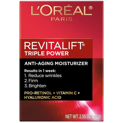 L'Oreal Paris Revitalift Triple Power Hidratante facial antienvejecimiento, Pro Retinol, ácido hialurónico y vitamina C, reduce las arrugas 2.55 oz