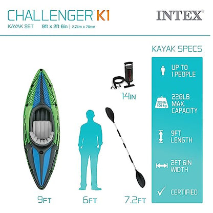 PRODUCTO 293 Juego de kayak inflable INTEX 68305EP Challenger K1: incluye remo de aluminio de lujo de 86 pulgadas y bomba de alto rendimiento - Asiento ajustable con respaldo - Skeg extraíble - 1 persona - Capacidad de peso de 220 lb