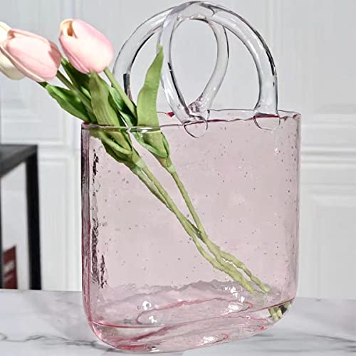 Hewego Jarrón de cristal para flores, jarrón rosa soplado a mano con burbujas en él, floreros rosas con asas, jarrón de cristal multifunción para decoración del hogar/dormitorio/oficina (color rosa)