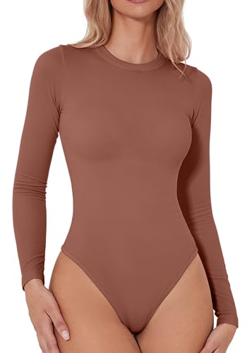 QINSEN Body para Mujer Cuello Redondo Manga Larga Tops Camiseta Body Marrón Cobre M