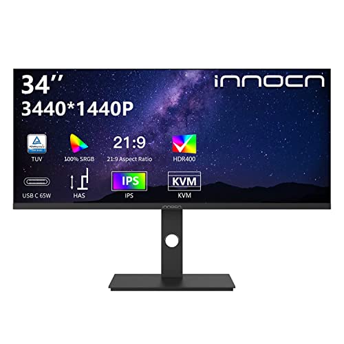 INNOCN Monitor ultraancho de 34" 21:9 WQHD 3440 x 1440p Pantalla IPS 100% sRGB 75 Hz Sincronización adaptativa Monitor HDR400 USB tipo C, biseles ultra estrechos, altura ajustable, montable - 34C1Q