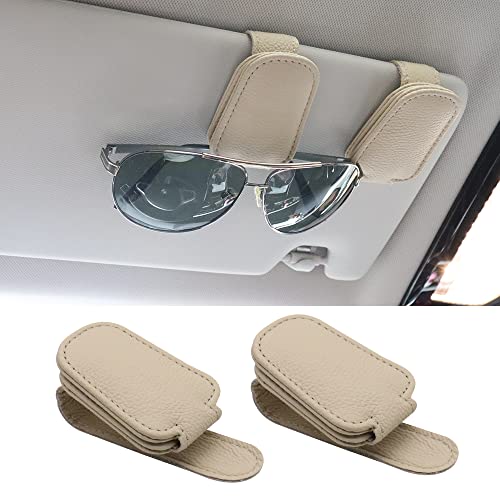 SUNCARACCL 2 Pack Sunglass Holder for Car Visor, Magnetic Leather Glasses Eyeglass Hanger Clip for Car, Sunglasses Holder and Ticket Card Clip for Car Visor Accessories (Beige)