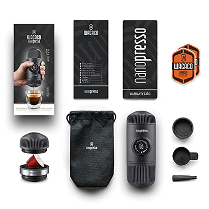 WACACO Nanopresso Cafetera espresso portátil con adaptador NS, compatible con cápsulas NS y café molido, juego de cafetera de viaje manual, perfecto para acampar