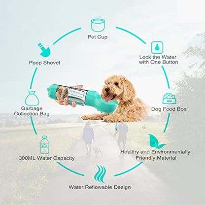 Botella de agua para perros Dispensador de botella de agua para perros portátil y a prueba de fugas, multifuncional 4 en 1 para mascotas Caminar al aire libre Senderismo Camping | Taza de agua, taza de comida, pala para excrementos y bolsa de basura