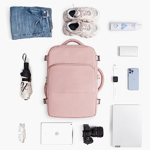 Rinlist Mochila de viaje, mochila de mano compatible con la TSA, aprobada por aerolíneas para mujeres y hombres, senderismo, gimnasio, trabajo, fin de semana, viajero, mochila informal, bolsa para artículos personales, rosa
