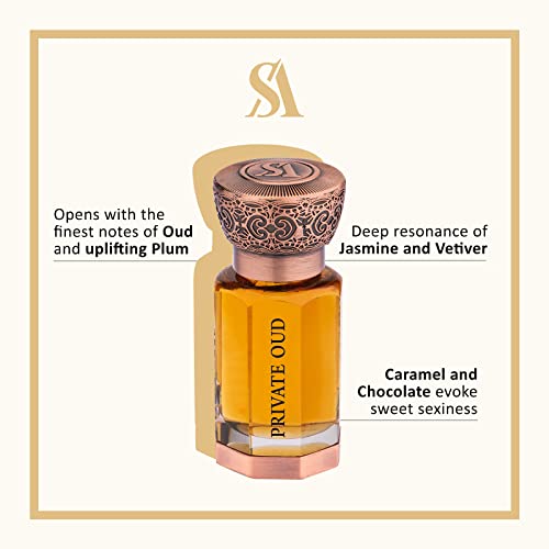 Swiss Arabian Private Oud para unisex - Aceite de perfume concentrado sensual gourmand - Fragancia de lujo de Dubai - Perfume artesanal de larga duración con notas de ciruela, rosa, vetiver y vainilla - 0.4 oz