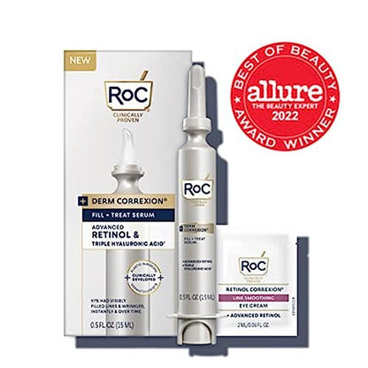 RoC Derm Correxion Fill + Treat Suero avanzado de retinol, tratamiento rellenador de arrugas con ácido hialurónico para arrugas de la frente, patas de gallo, once arrugas y líneas de risa, relleno de medias, 15 ml