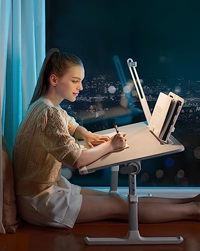 SAIJI Escritorio con bandeja para computadora portátil con luz de escritorio LED, soporte ajustable para computadora portátil para cama, mesa plegable de cuero de PVC XXL con soporte para libros, reposamuñecas, espacio adicional para las piernas (gris)