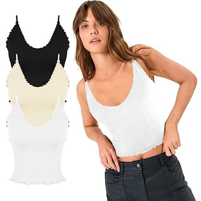 CHYRII Camisola básica acanalada para mujer, paquete de 3 camisetas sin mangas con cuello en V y volantes, color negro, blanco y beige S