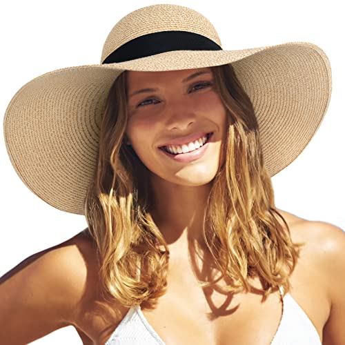 FURTALK Sombrero de paja para mujer con ala ancha UPF 50, sombrero de verano plegable, enrollable, sombreros de playa para mujer