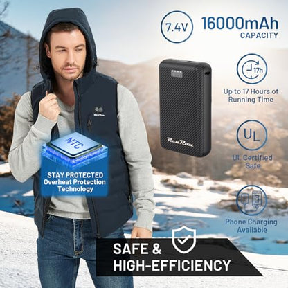RenRon Chaleco calefactable versátil para hombres: capucha calefactable desmontable, con batería de 7,4 V 16000 mAh, chaleco calefactable ligero para hombres