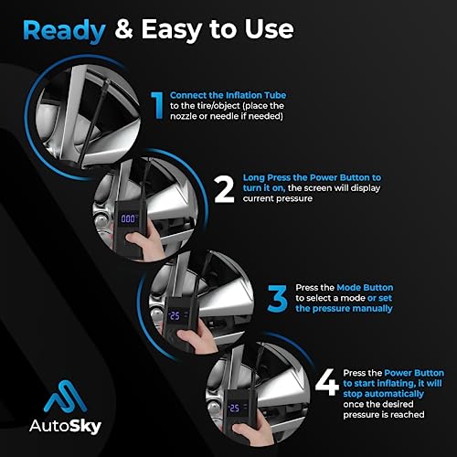 PRODUCTO 416 Inflador portátil de neumáticos de automóvil de 150 PSI con banco de energía, linterna y boquillas - Por AutoSky