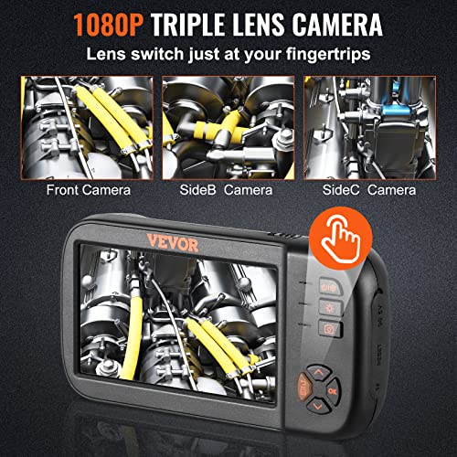 VEVOR Cámara endoscópica de triple lente con luz, pantalla de 4,5 pulgadas, cámara de inspección 1080P con 10 luces LED, cámara de serpiente de drenaje impermeable IP67 para automóvil, fontanería (cable de 16,5 pies, tarjeta de 32 GB)