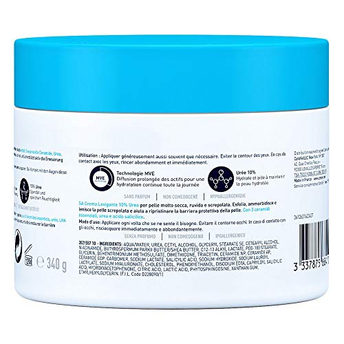CeraVe SA Crema hidratante suavizante con ceramidas esenciales, urea y ácido salicílico | Sin fragancia 12oz