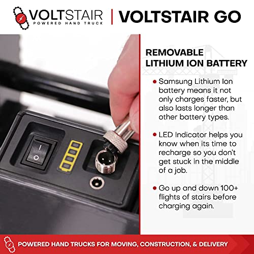 Voltstair GO Carretilla de mano motorizada eléctrica portátil para subir escaleras con batería extraíble, con cuerda elástica incluida y pistas antideslizantes para levantamiento pesado (capacidad de elevación de 150 lb) negro/rojo