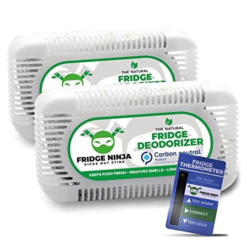 Desodorante para refrigerador Fridge Ninja (paquete de 2) - Más efectivo que el bicarbonato de sodio - Desodorante para refrigerador de carbón activado natural y sin perfume - Eliminador de olores para congelador, refrigerador y loncheras