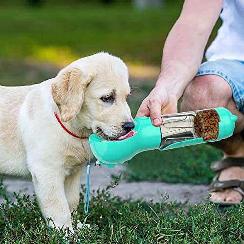 Botella de agua para perros Dispensador de botella de agua para perros portátil y a prueba de fugas, multifuncional 4 en 1 para mascotas Caminar al aire libre Senderismo Camping | Taza de agua, taza de comida, pala para excrementos y bolsa de basura