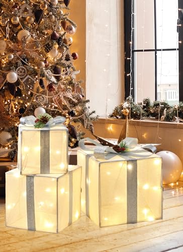 Cajas de regalo iluminadas de Navidad, decoración navideña, plegables, 3 cajas de adorno de regalo con mini bombilla preiluminada de 60 LED, caja de regalo iluminada de 12 pulgadas, 10 pulgadas, 8 pulgadas para interiores y exteriores, decoración navideña