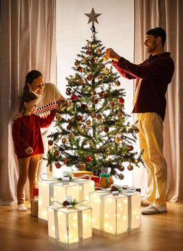 Cajas de regalo iluminadas de Navidad, decoración navideña, plegables, 3 cajas de adorno de regalo con mini bombilla preiluminada de 60 LED, caja de regalo iluminada de 12 pulgadas, 10 pulgadas, 8 pulgadas para interiores y exteriores, decoración navideña