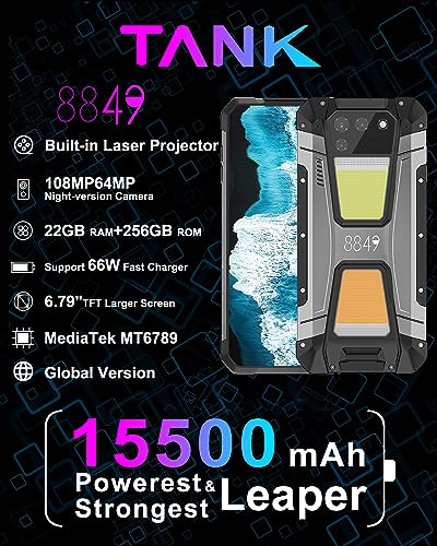 8849 Tank 2, teléfono inteligente resistente desbloqueado 4G con proyector láser, teléfono inteligente para exteriores resistente al agua IP68 con 22 GB 256 GB, cámara de 108 MP, Android 13, FHD de 6,79 pulgadas, batería de 15500 mAh, cargador rápido.
