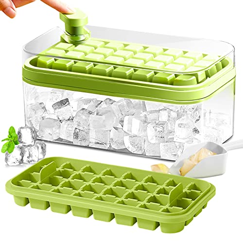 Bandeja para cubitos de hielo con tapa y contenedor, paquete de 2 bandejas para cubitos de hielo para congelador, molde para cubitos de hielo de 64 piezas (verde)