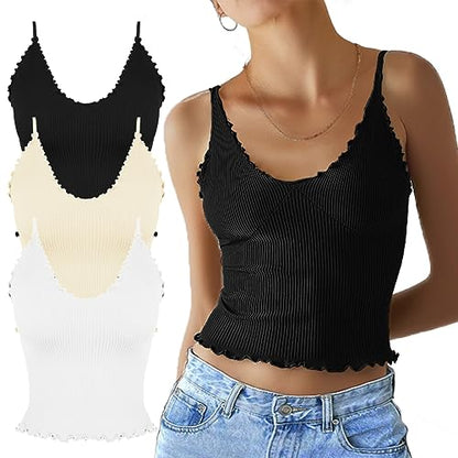 CHYRII Camisola básica acanalada para mujer, paquete de 3 camisetas sin mangas con cuello en V y volantes, color negro, blanco y beige S