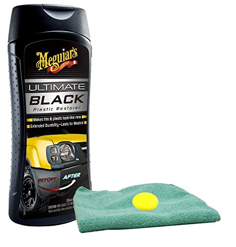 Meguiar's Ultimate Restaurador de plástico negro (12 oz) Paquete con paño de microfibra y almohadilla de espuma (3 artículos)